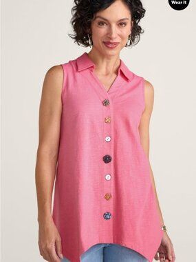 NWT Soft Surroundings Women's Sleeveless Pink Top Shirt Lagenlook Buttons Boho